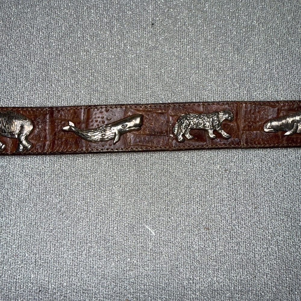 Vintage HONEST Leather Animal Belt Safari Zoo Pewter Appliqué 90s